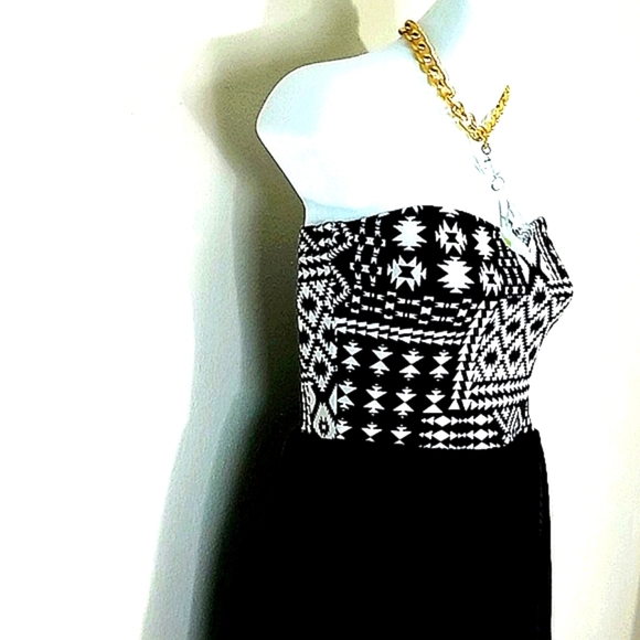 Shirred Dress strapless tube Midi high low Western geometric black white Boho - Picture 4 of 8